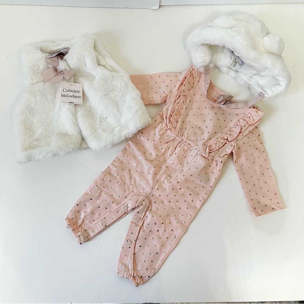 Catherine Malandrino Baby Girl Pink /Ivory 3 Piece Faux Fur Vest & Jumpsuit Set